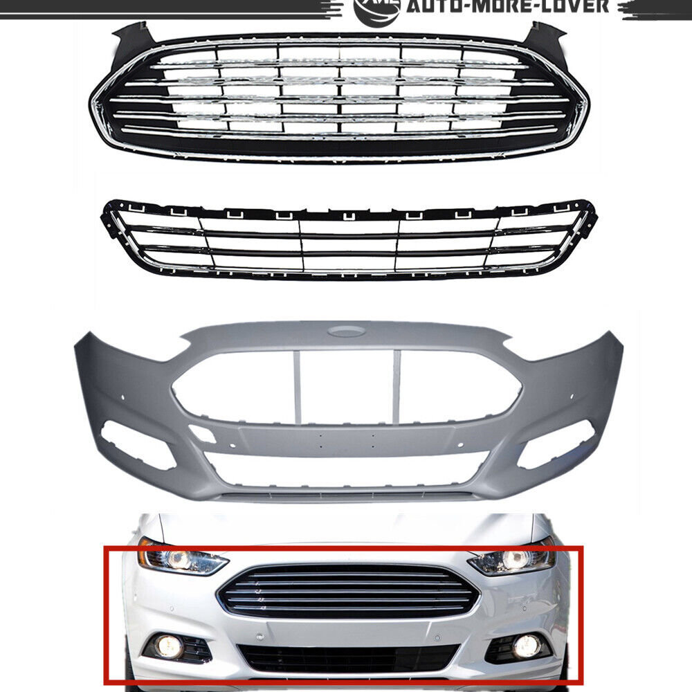For 2013-2016 Ford Fusion Front Bumper Cover w/ Sensor Front Upper+Lower Grille