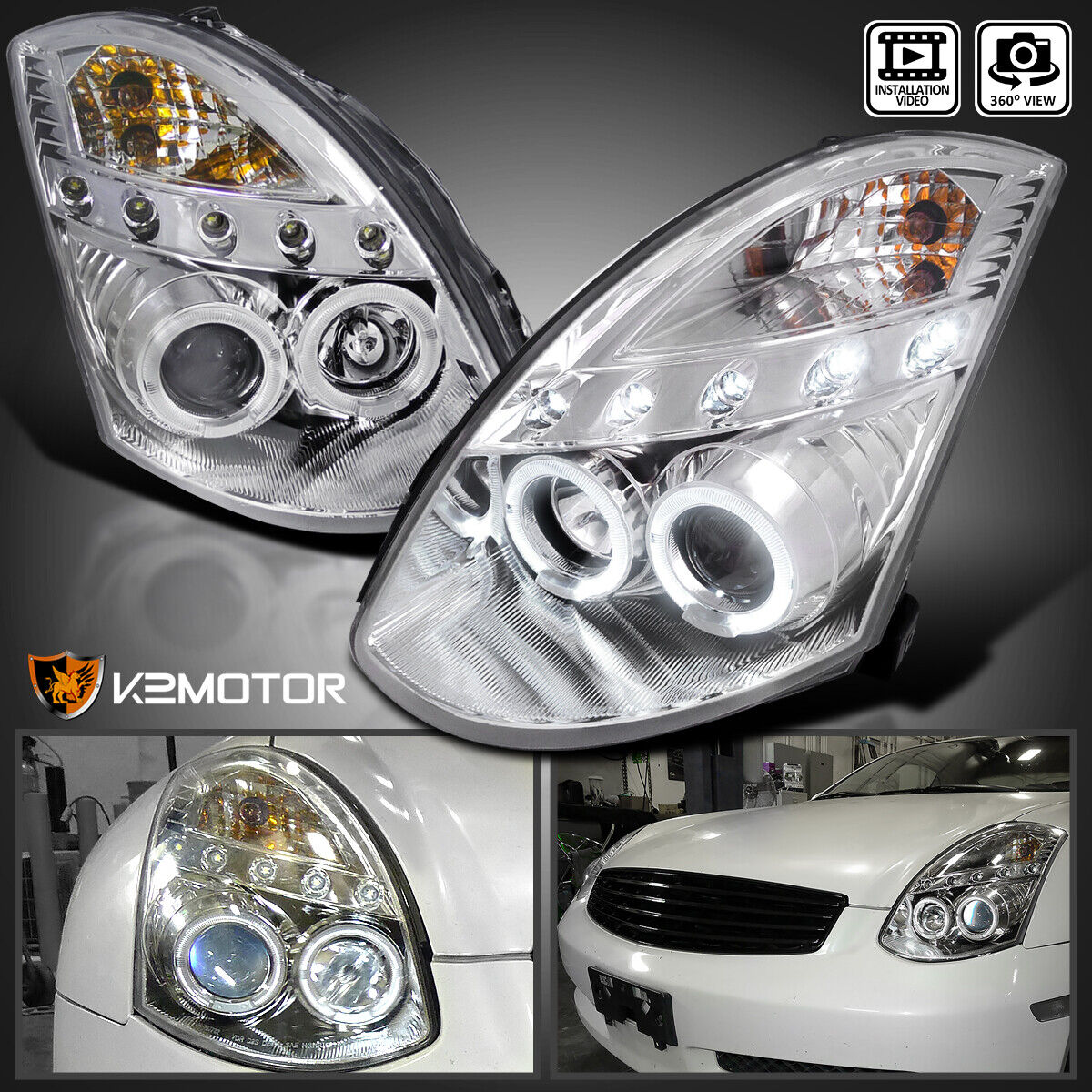 Fits 2003-2007 Infiniti G35 2Dr Coupe LED Strip Halo Projector Headlights Lamps