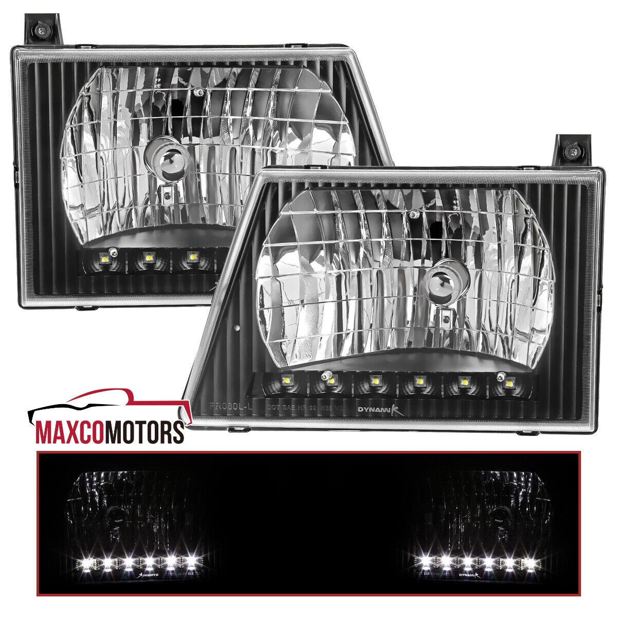 Black Headlights Fits 1992-2006 Ford E150 E250 E350 Econoline Lamp LED Strip L+R