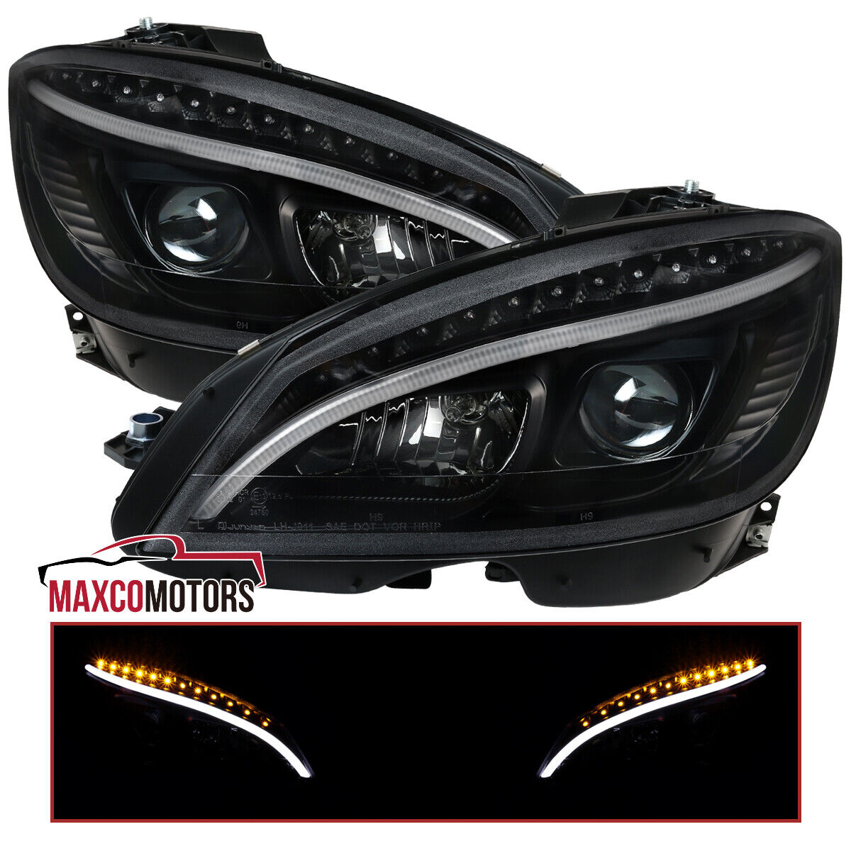 Black Projector Headlights Fits 2008-2011 Mercedes Benz W204 LED Signal Strip
