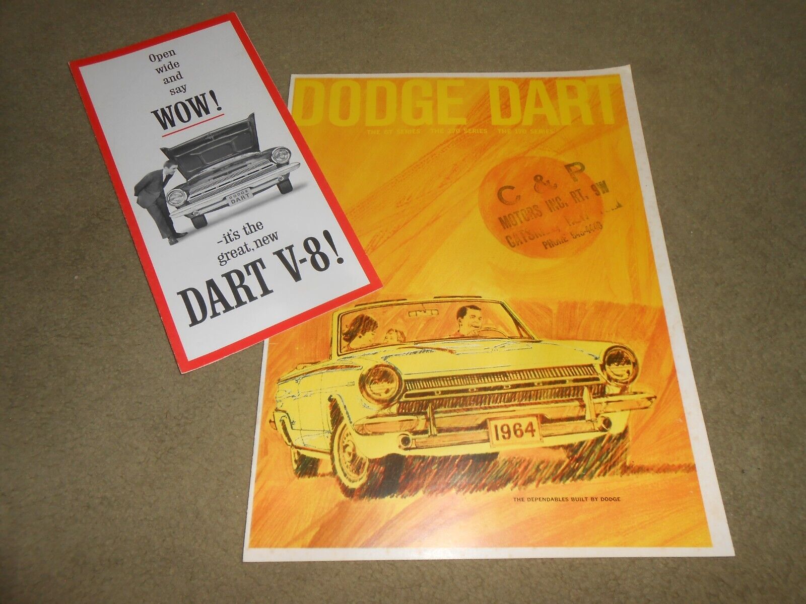 1964 DODGE DART 170, 270 & GT ORIGINAL 12-p. BROCHURE + '64 V-8 FOLDOUT CATALOG