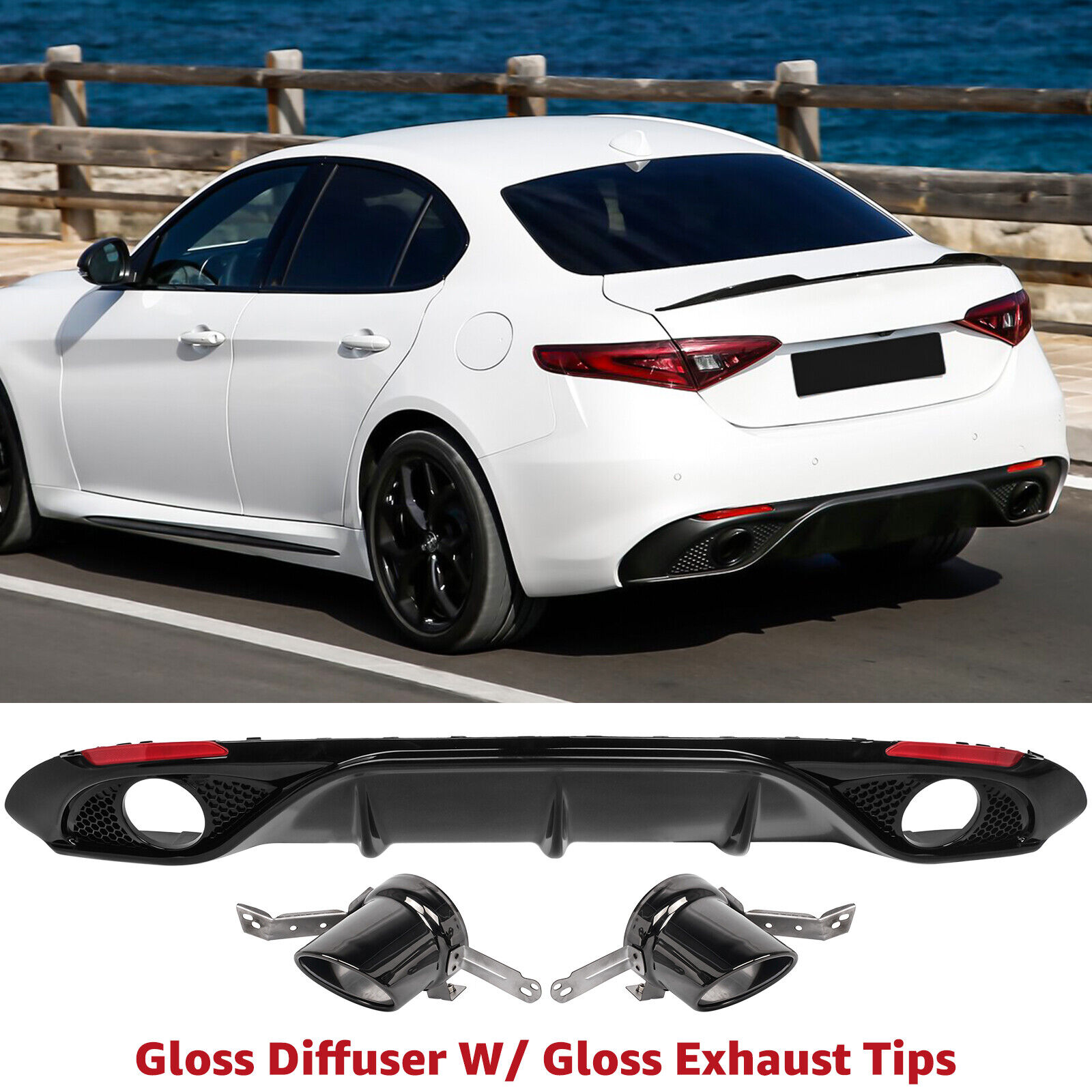 For 2016+ Alfa Romeo Giulia Rear Bumper Gloss Diffuser W/ Gloss Exhaust Tips