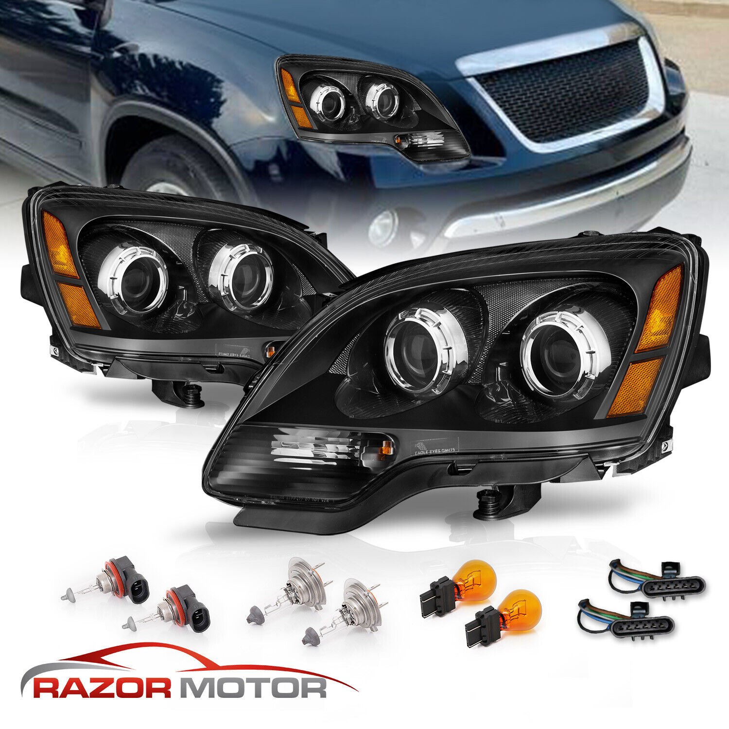 For 07-12 GMC Acadia FACTORY OE REPLACEMENT Black Projector Headlights Assembly