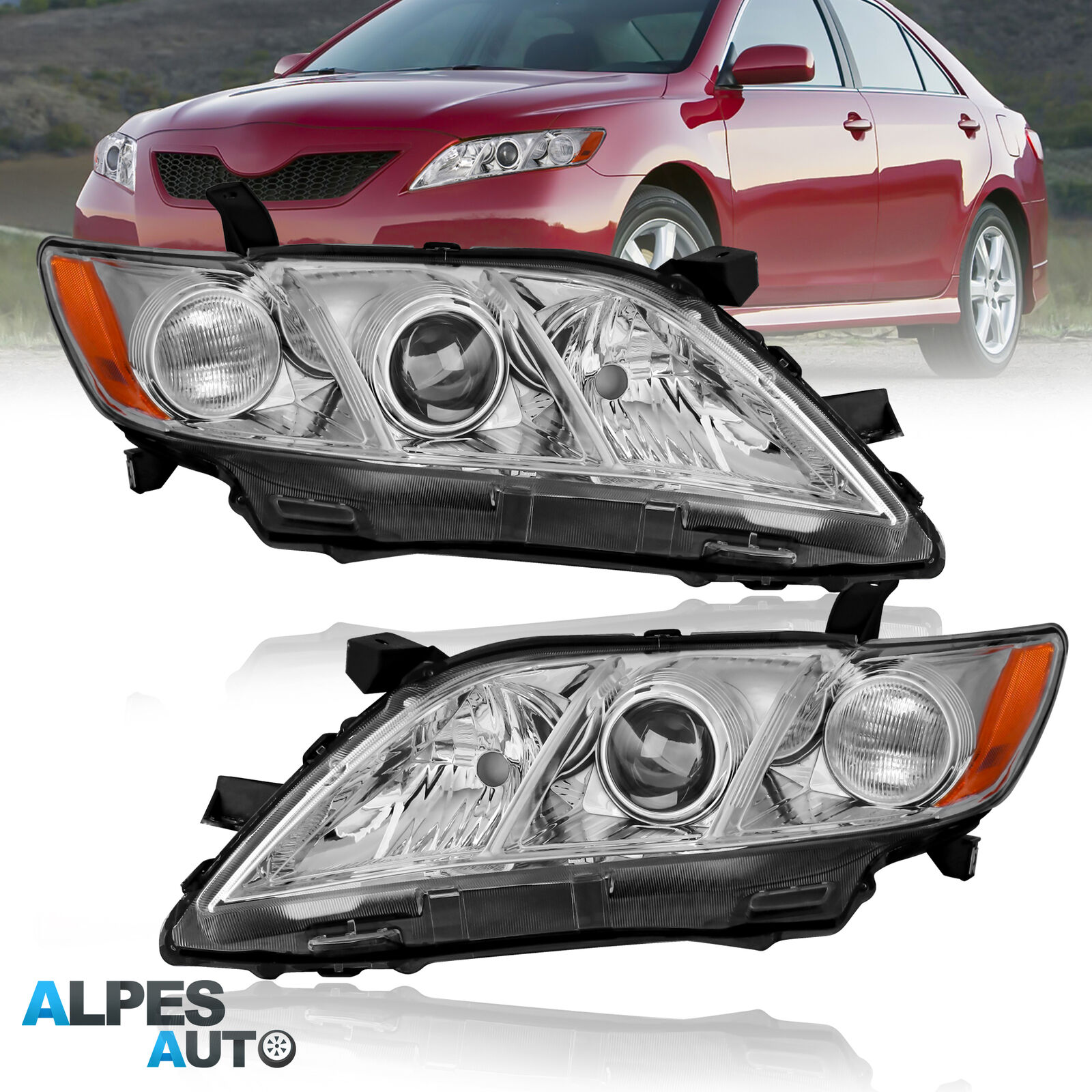2PCS Chrome Housing Clear Lens Headlights  For 2007-2009 Toyota Camry 2.4L 3.5L