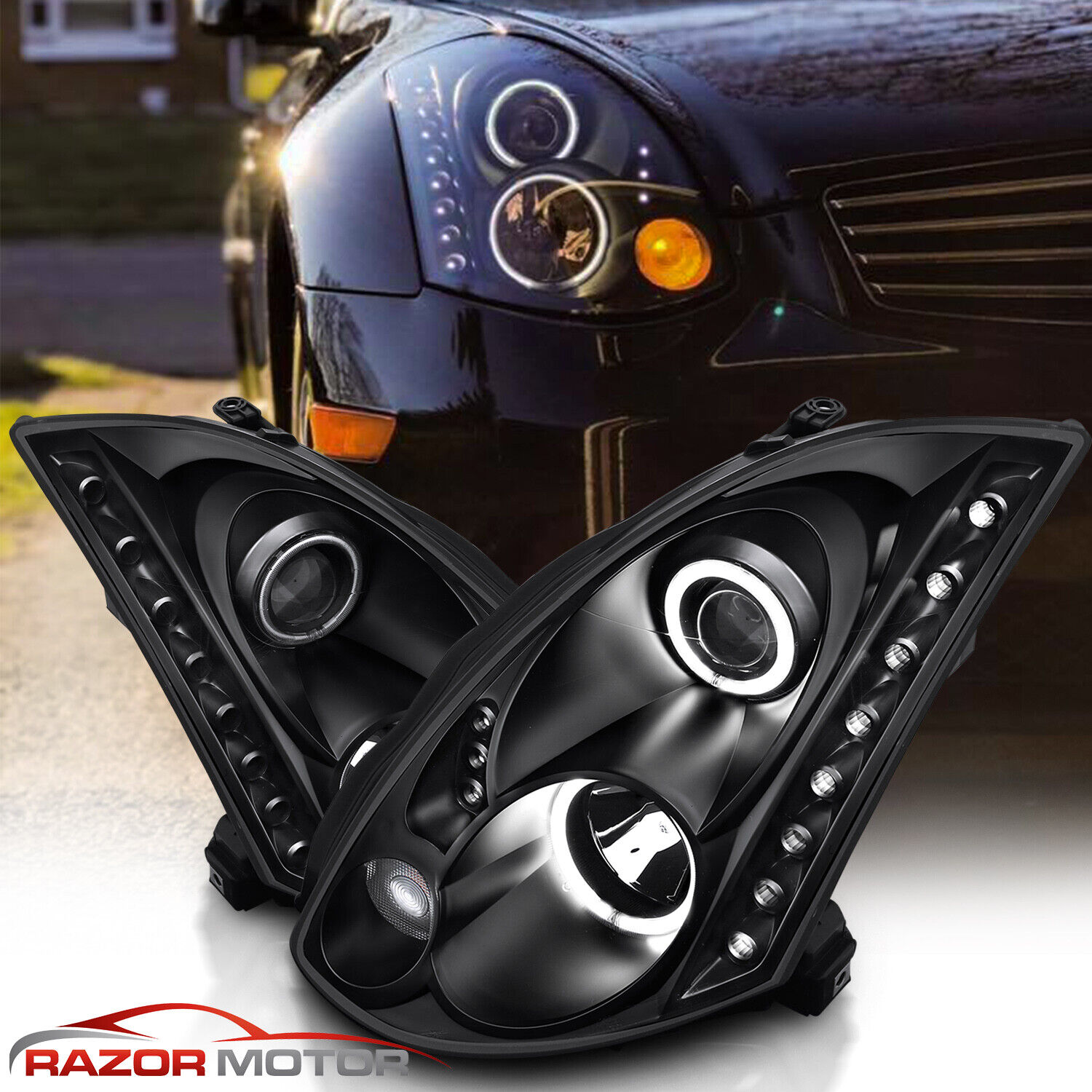 For 2003-2007 Projector Black Headlights Pair [LED Halo] for Infiniti G35 Coupe