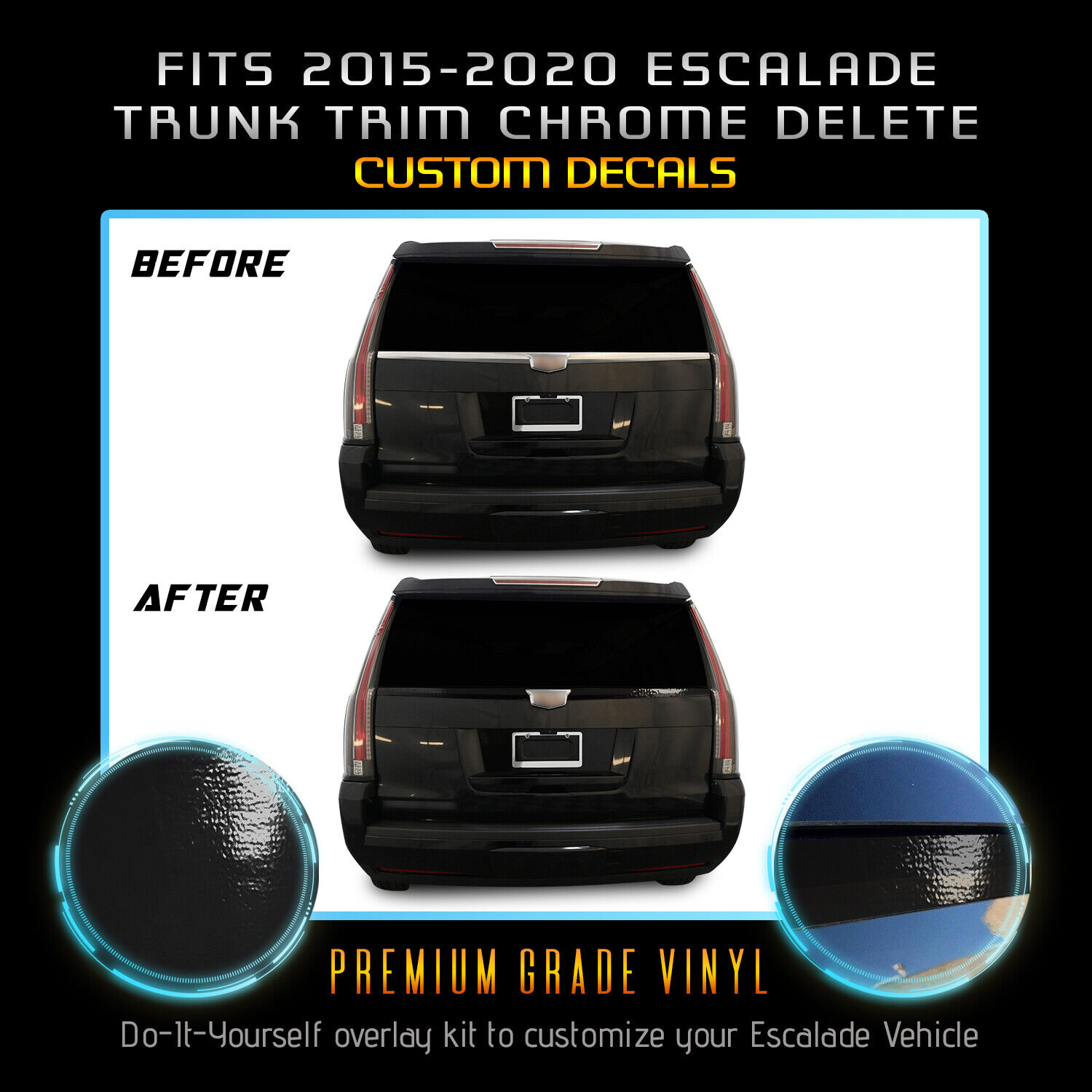 Fits 15-20 Escalade Trunk Trim Vinyl Chrome Delete Blackout Kit - Gloss Black