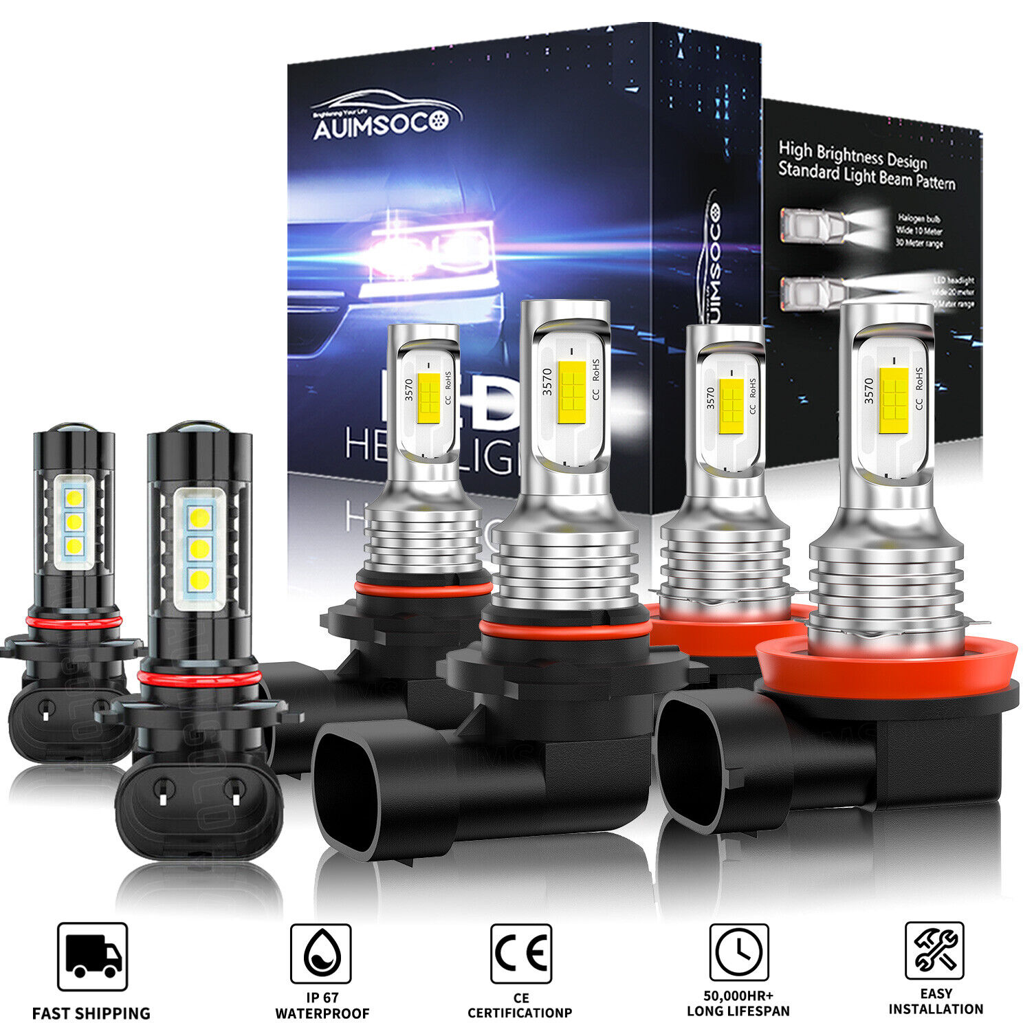 For Ford Escape 13-16 6pcs 6000k LED Headlight High Low Beam & Fog Light Bulbs