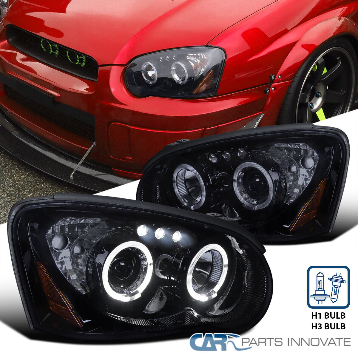 Fits 04-05 Subaru Impreza WRX Tinted LED Halo Piano Black Projector Headlights