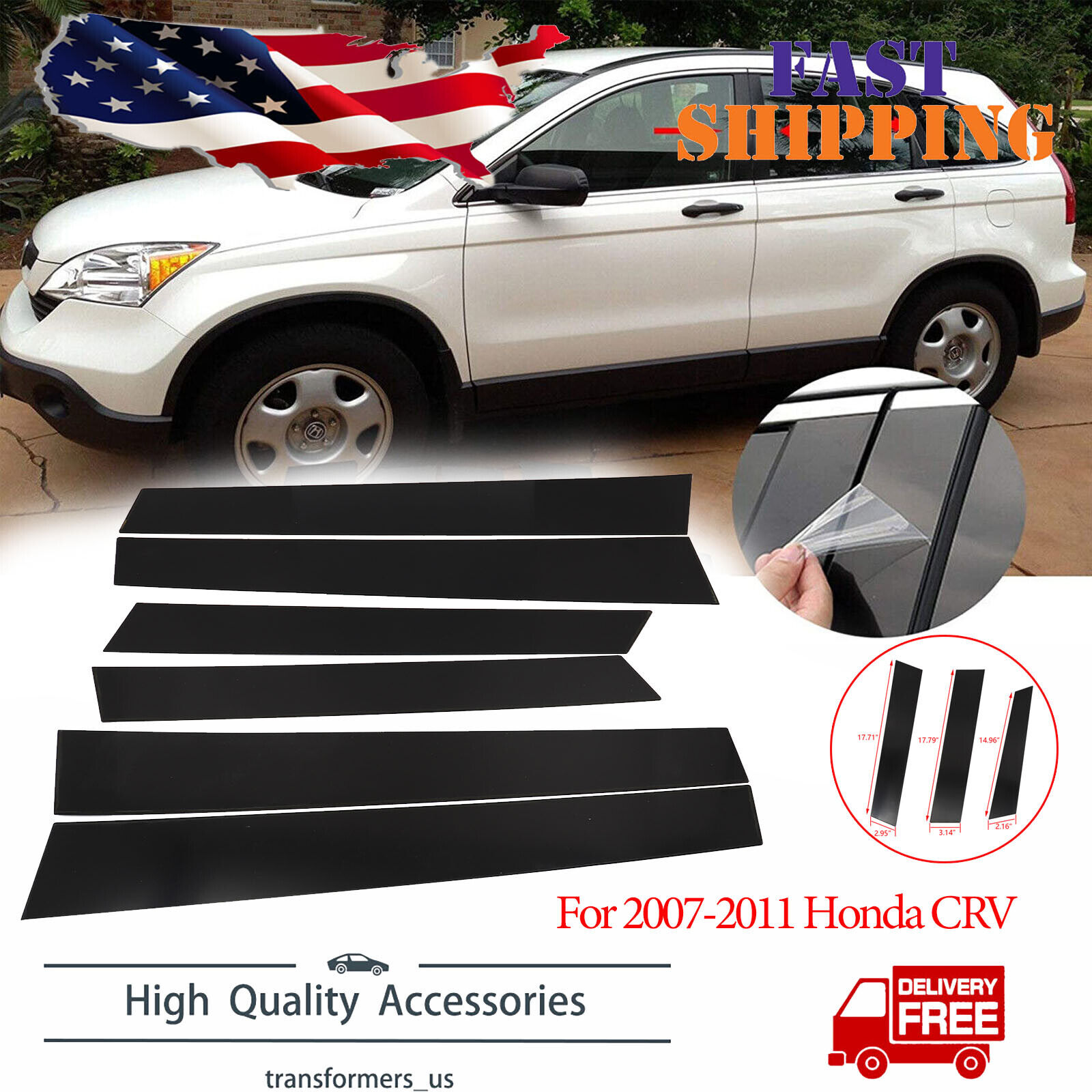 6PCS For 2007-2011 Honda CRV 4dr Black Window Pillar Posts Set Cover Door Trim