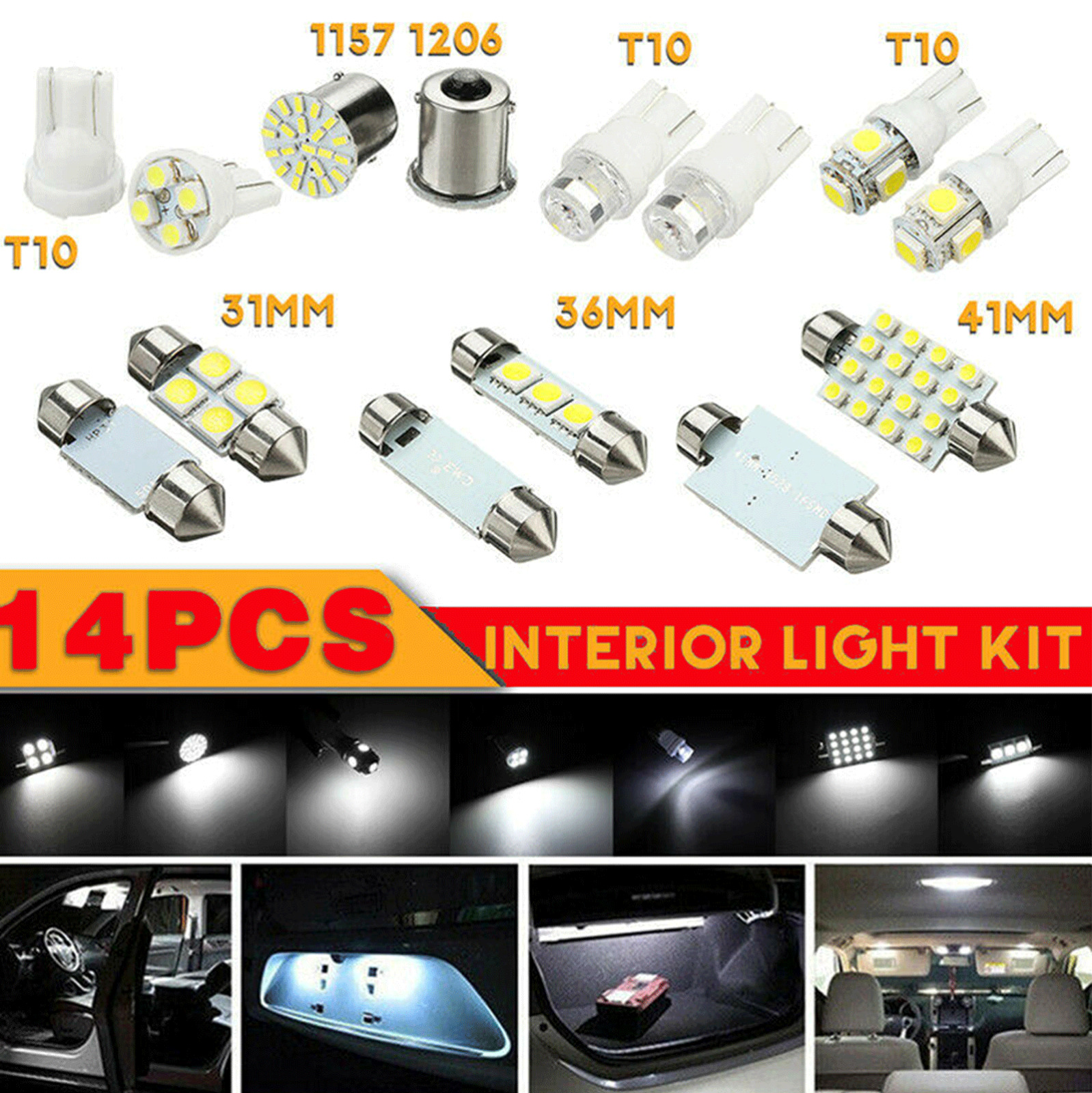 14Pcs T10 36mm LED Interior Lights Car Accessories Kit Map Dome License Honda 