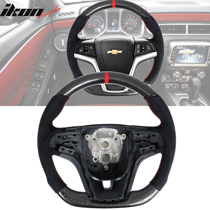 Fit 12-15 Camaro Steering Wheel Carbon Fiber Alcantara Red Stitch & Indicator