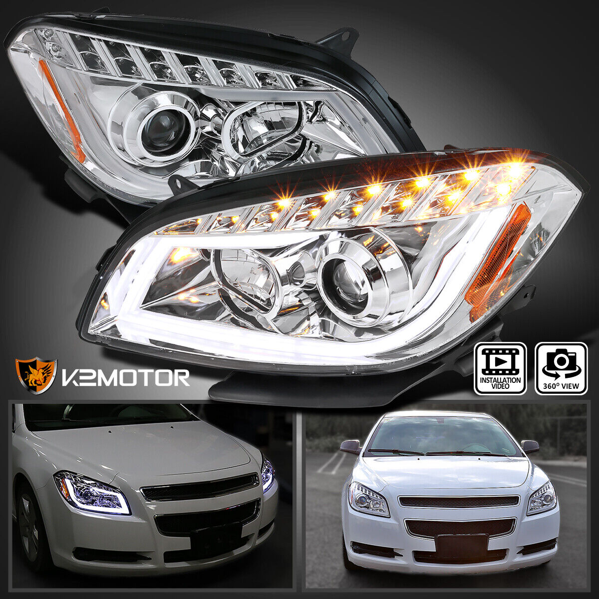 Fits 2008-2012 Chevy Malibu LED Strip Projector Headlights Head Lamps Left+Right