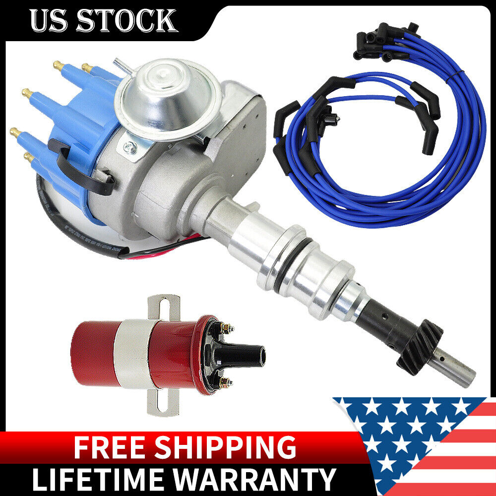 FOR FORD 289 302 SMALL FEMALE CAP HEI DISTRIBUTOR + 8.5mm PLUG WIRES + COIL BLUE