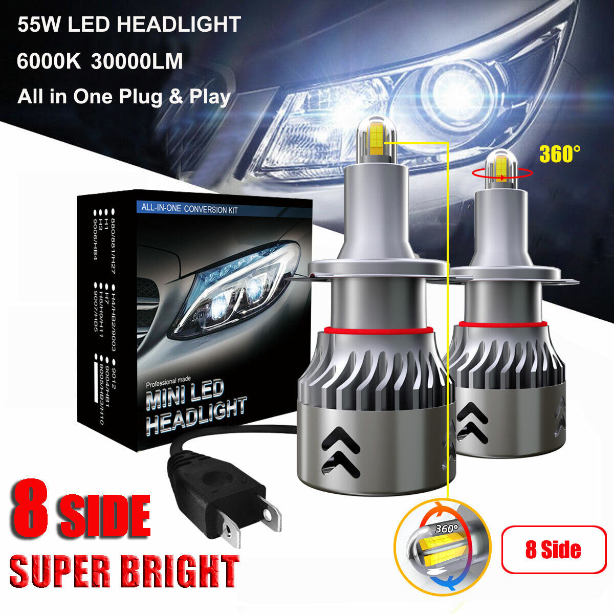 8 Sides 110W 30000LM H7 360° Car Canbus LED Headlight Lamp Kit Xenon White 6000K