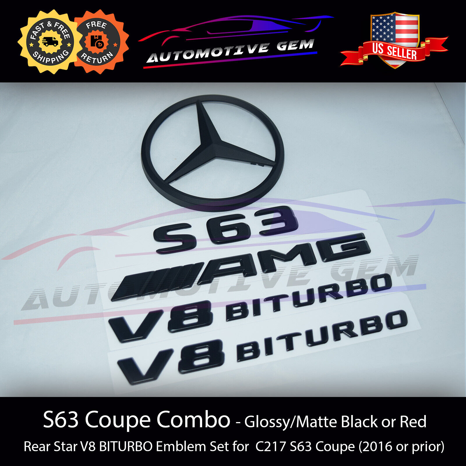 S63 COUPE AMG V8 BITURBO Rear Star Emblem Black Badge Combo Set for C217 2014-16