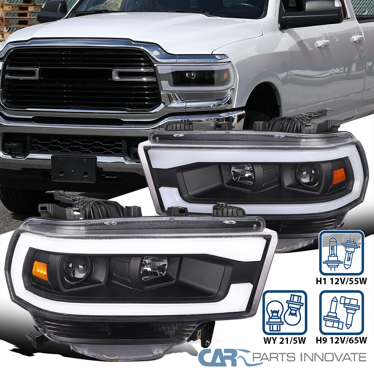 Fit 19-22 Dodge Ram 2500 3500 Matte Black Projector Headlights Lamp+LED Bar Tube