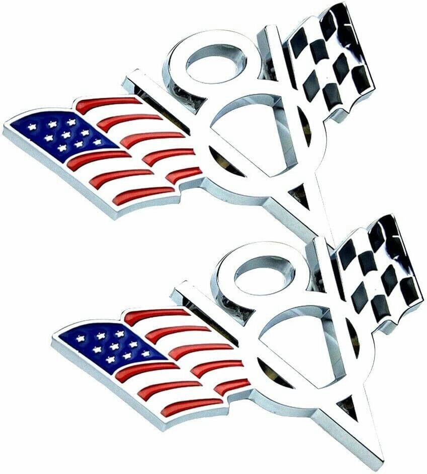 2PCS V8 US & Racing Checkered Flag Emblem Letter 3D Badge with 3M Adhesive
