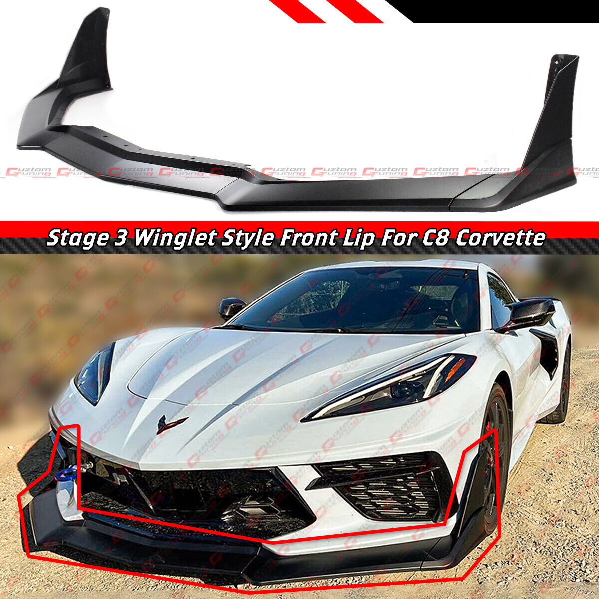 For 2020-24 Corvette C8 Z51 STG 3 Winglet Matte Black Front Bumper Lip Splitter