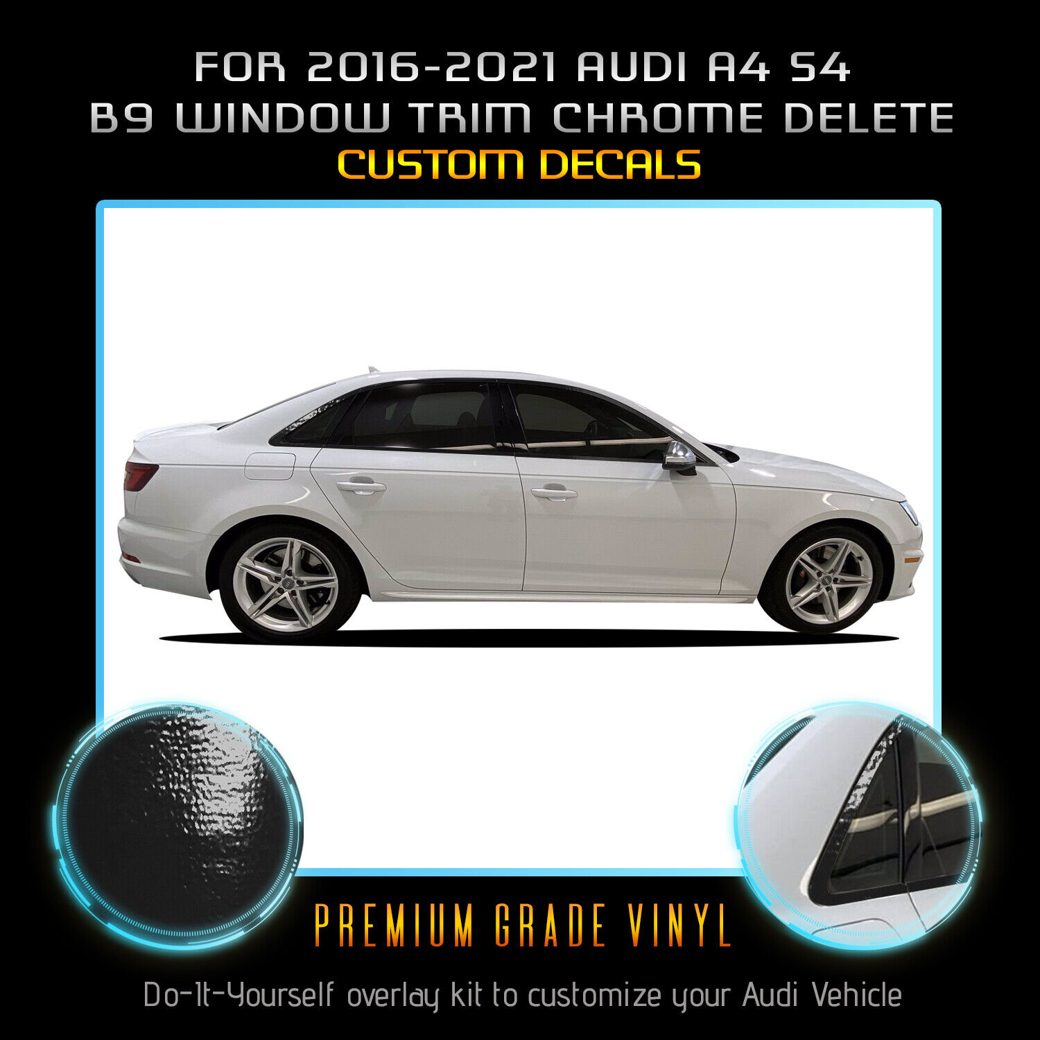 For 2016-2021 Audi A4 S4 Window Trim Chrome Delete Blackout Overlay Gloss Black
