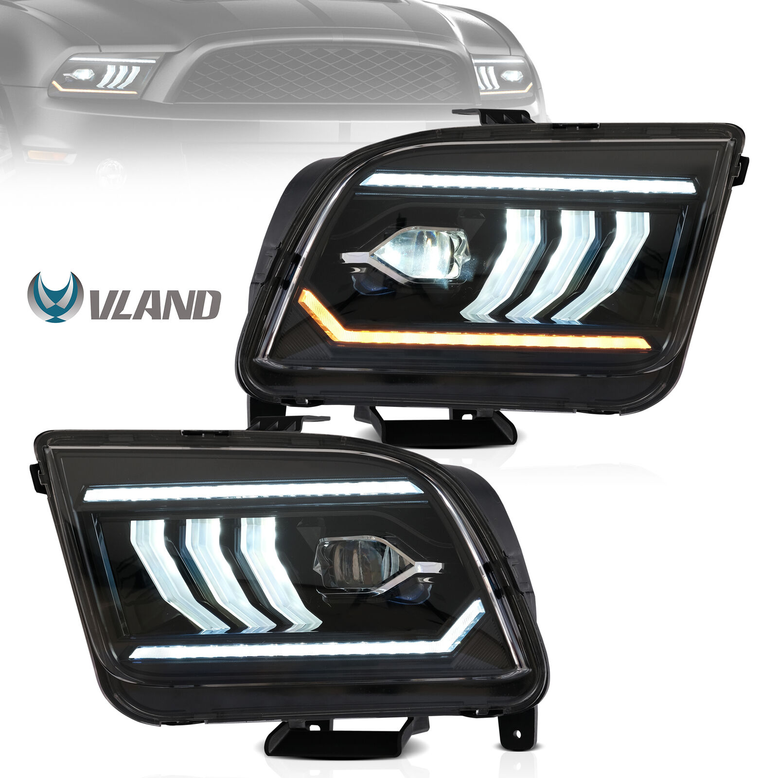 VLAND For 2005-2009 Ford Mustang Black LED Tube Projector Sequential Headlights