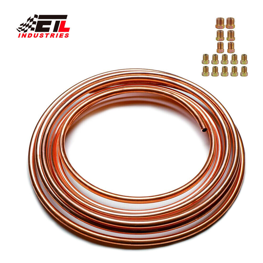 NEW Copper-Coated Brake Line Tubing Kit 3/16In 25Ft Coil Roll w/ 16 Fitting