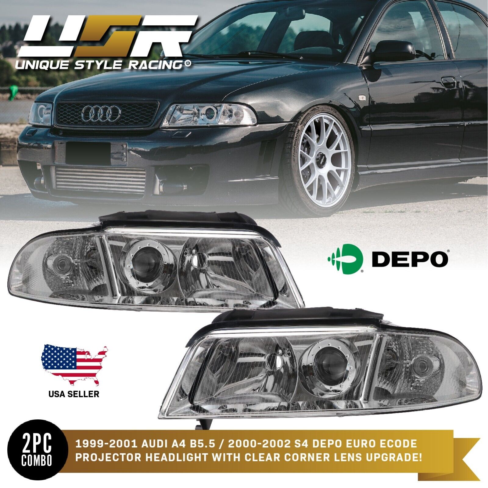 DEPO ECode Chrome Projector Headlight Pair For 99-01 Audi A4 / 00-02 S4 B5.5