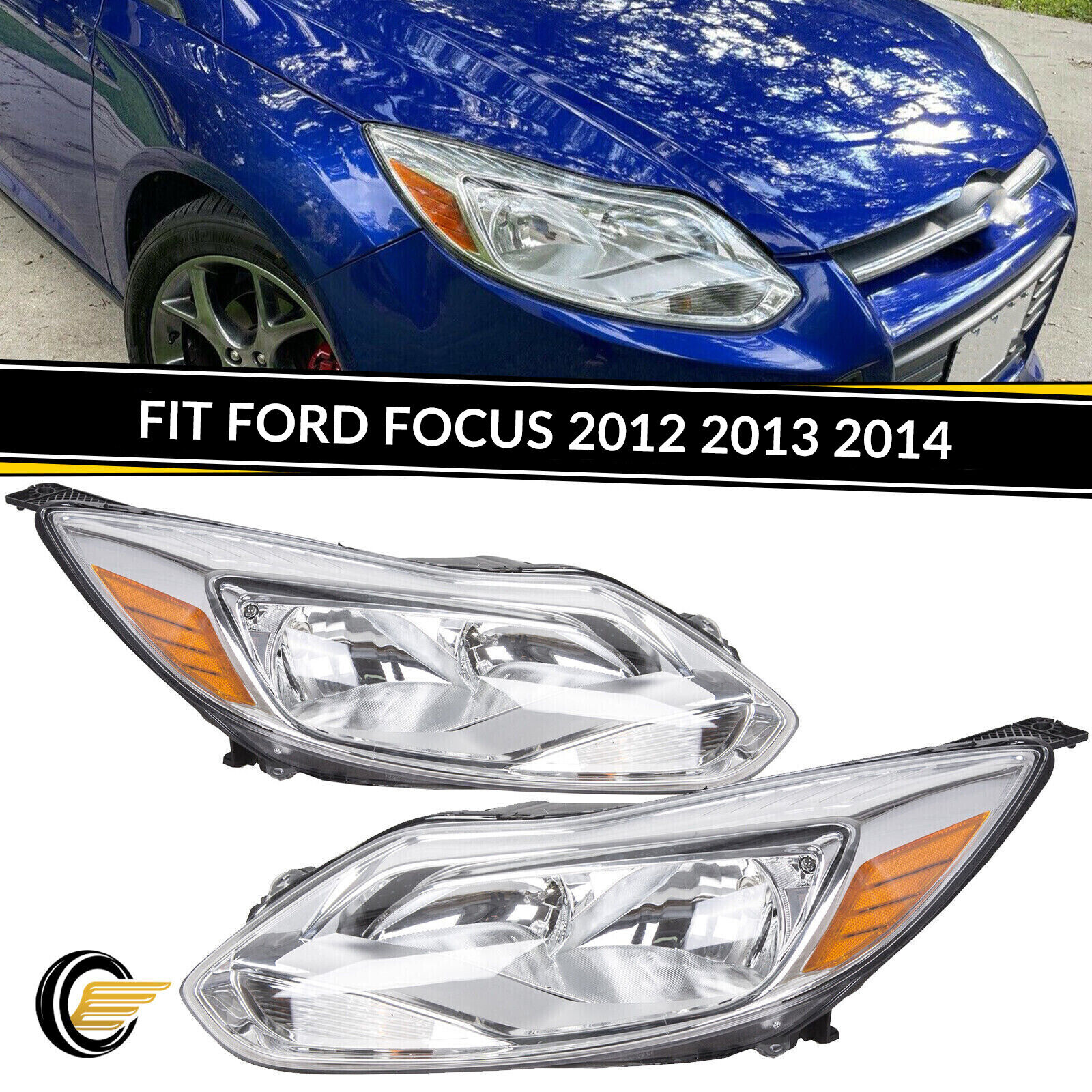 Fit 2012-2014 Ford Focus Headlights HeadLamp Assembly Left+Right Light w/Blub
