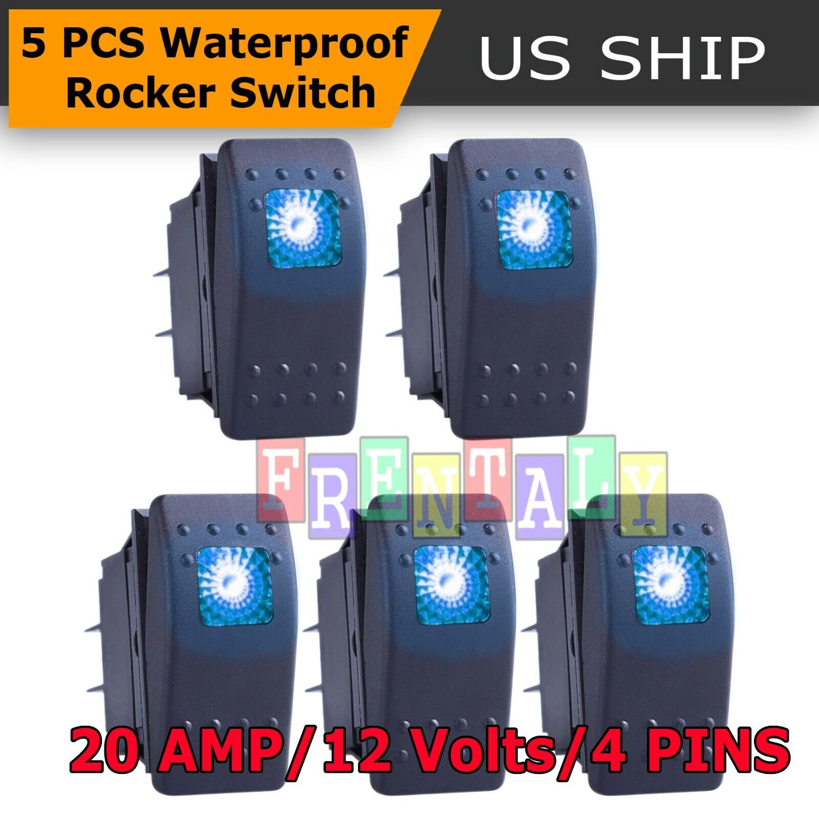 5x Blue S2 4Pin Waterproof 12V 20A Bar Rocker Toggle Switch LED Light Car Boat