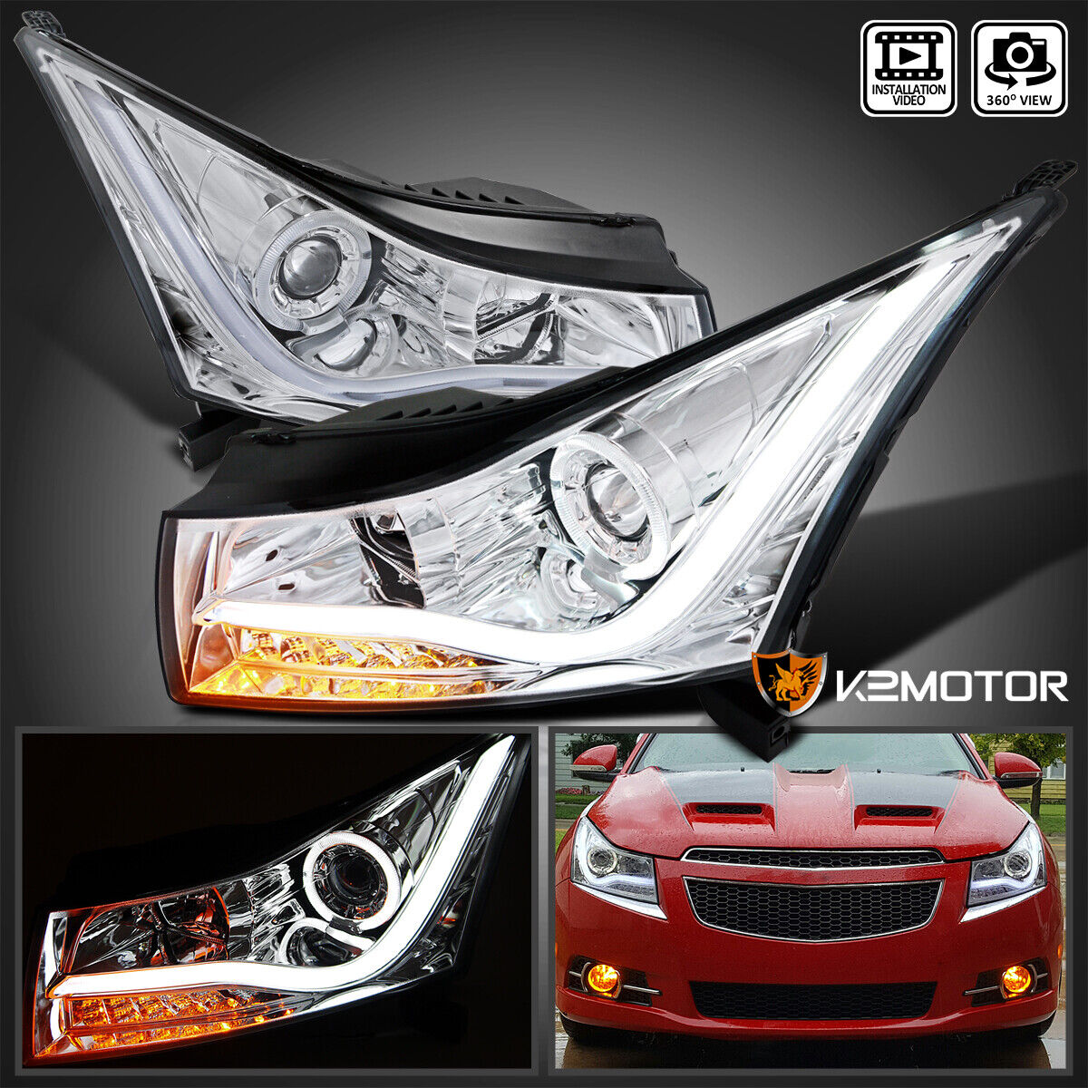 Clear Fits 2011-2015 Chevy Cruze LED Halo Strip Projector Headlights Lamps L+R