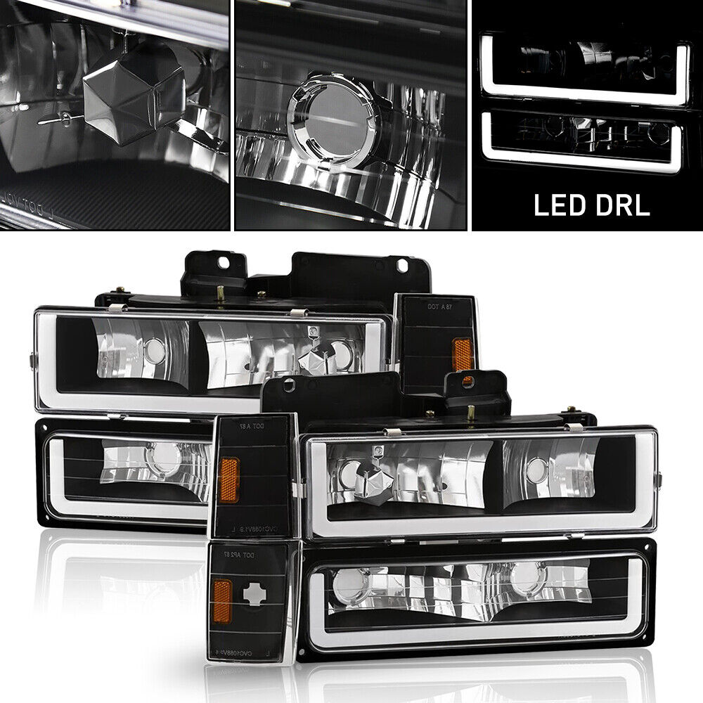 Fits 94-98 Chevy C10 C/K 1500 DRL LED Tube Black Headlights+Corner+Bumper Lamp O