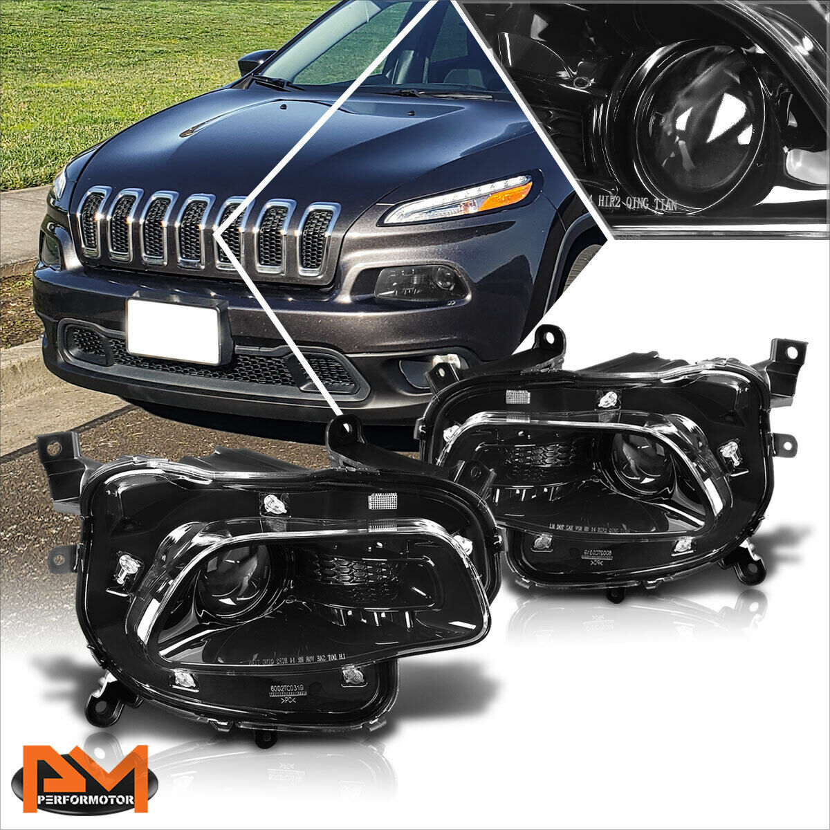 For 14-18 Jeep Cherokee OE Style Black Housing Clear Lens Projector Headlights