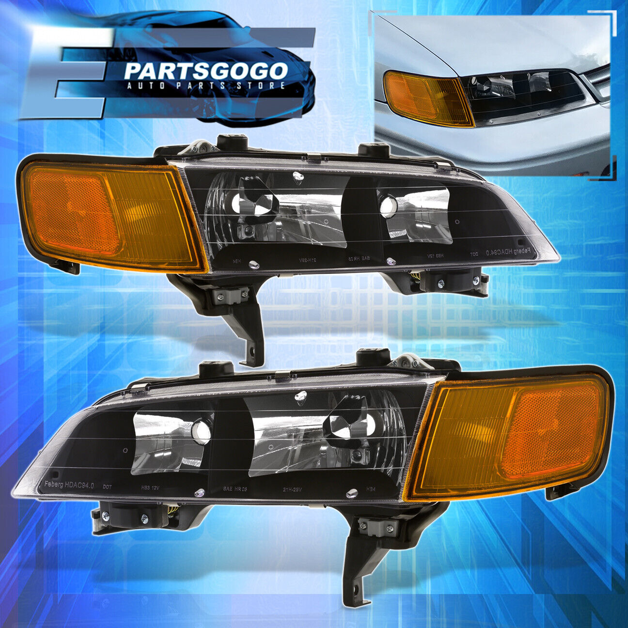 For 94-97 Honda Accord CD JDM Black Headlights + Amber Corner Reflector Lamps