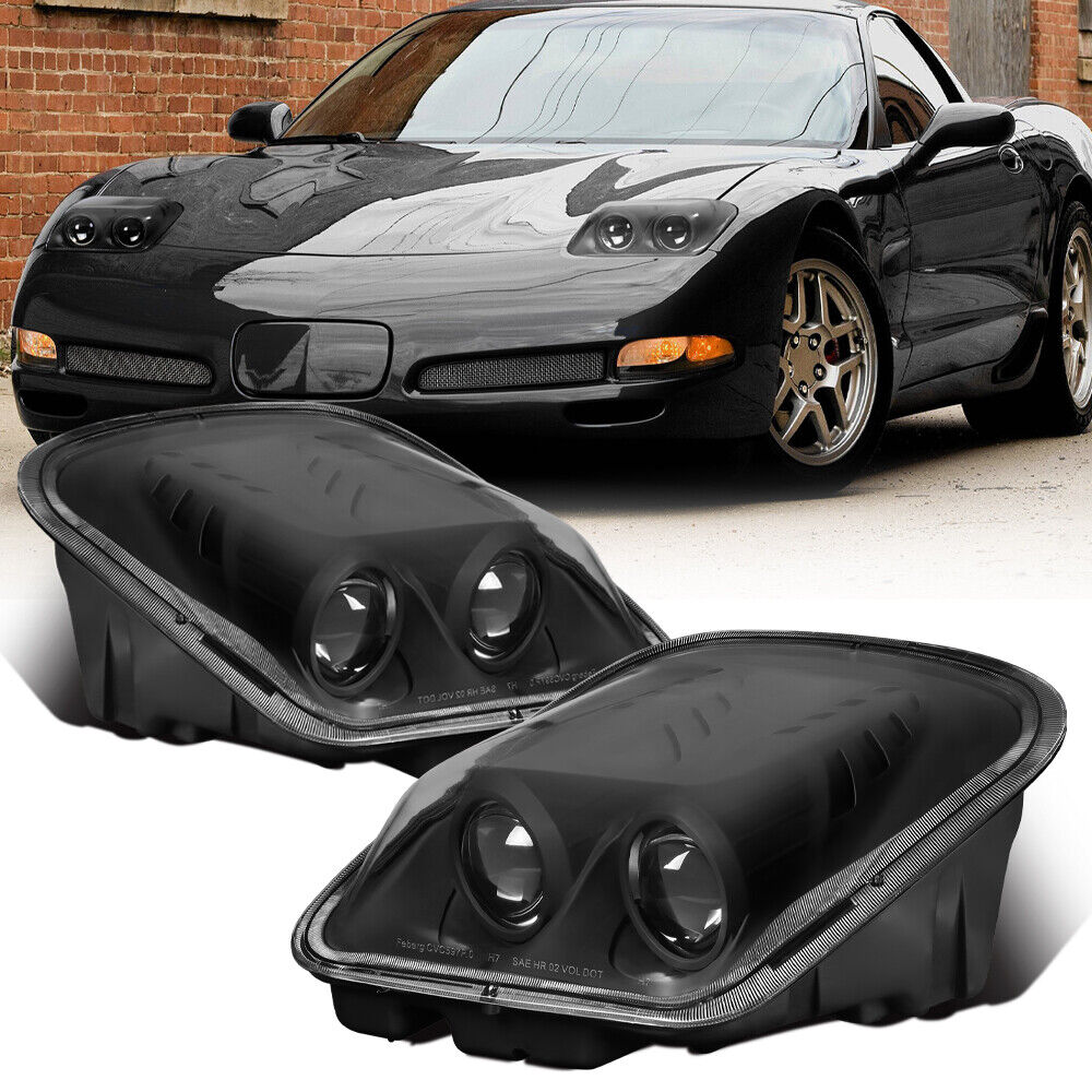 For 1997-2004 Chevy Corvette C5 Black Dual Projector Headlights Lamps Assembly