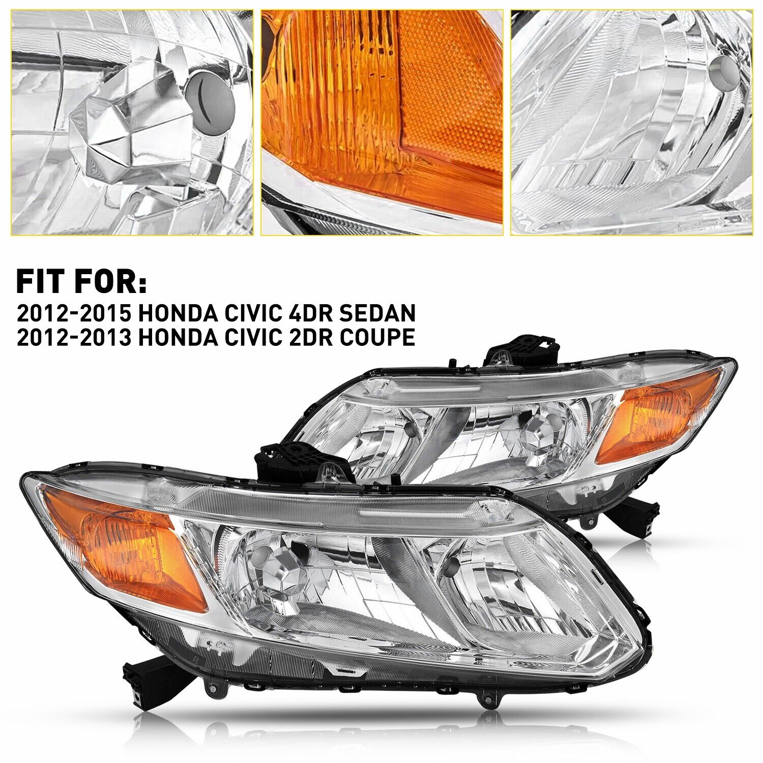 For 12-15 Honda Civic Sedan 4-Door Chrome Headlights Corner Amber Lamp EOOH EOOH