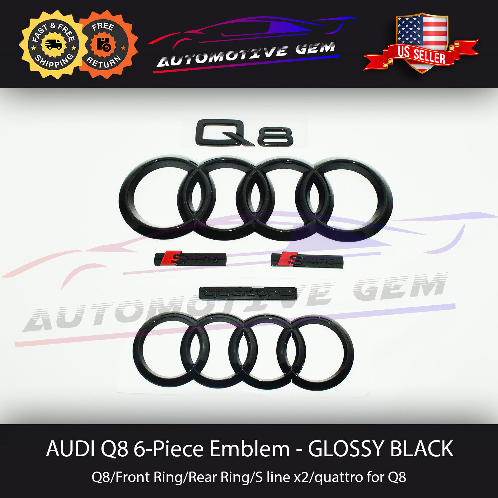 AUDI Q8 Emblem GLOSSY BLACK Grille & Trunk Ring S Line quattro Logo Badge Kit