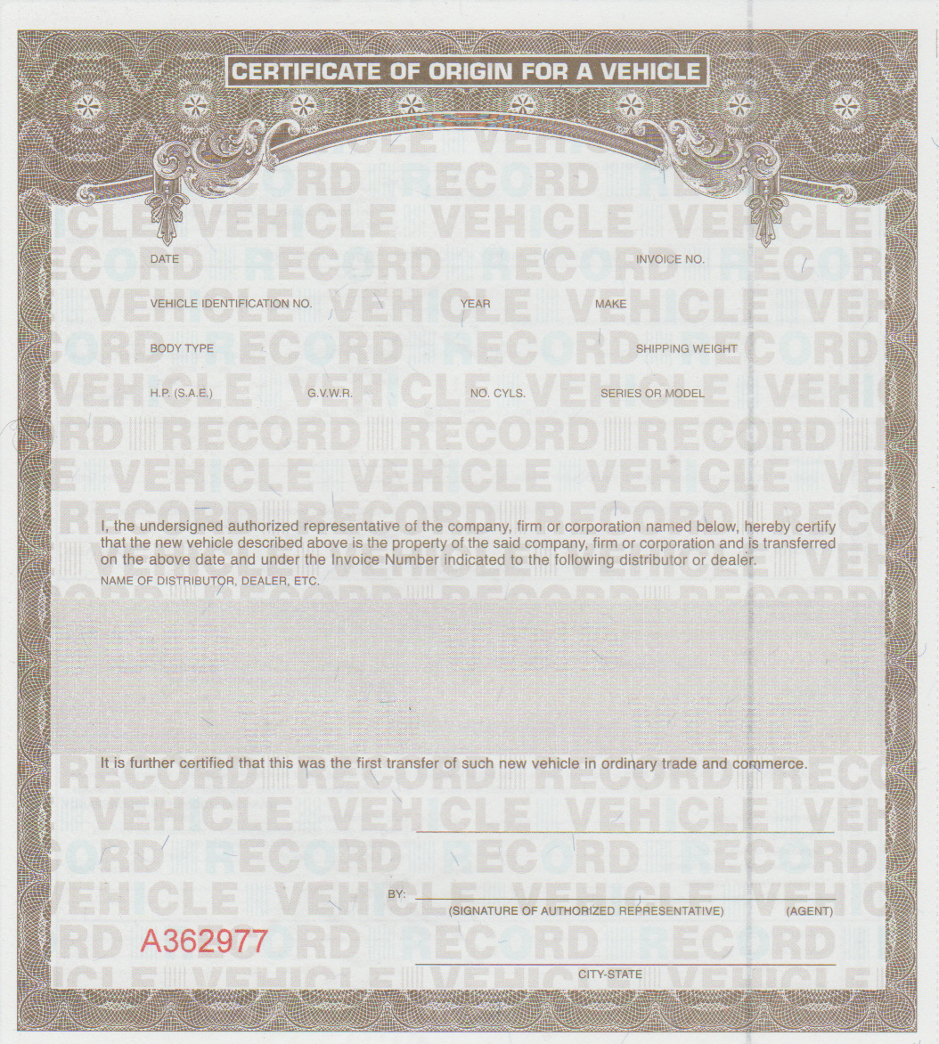 1 One Certificate Of Origin MCO New Unissued For New Motor Vehicle Fast Shipping