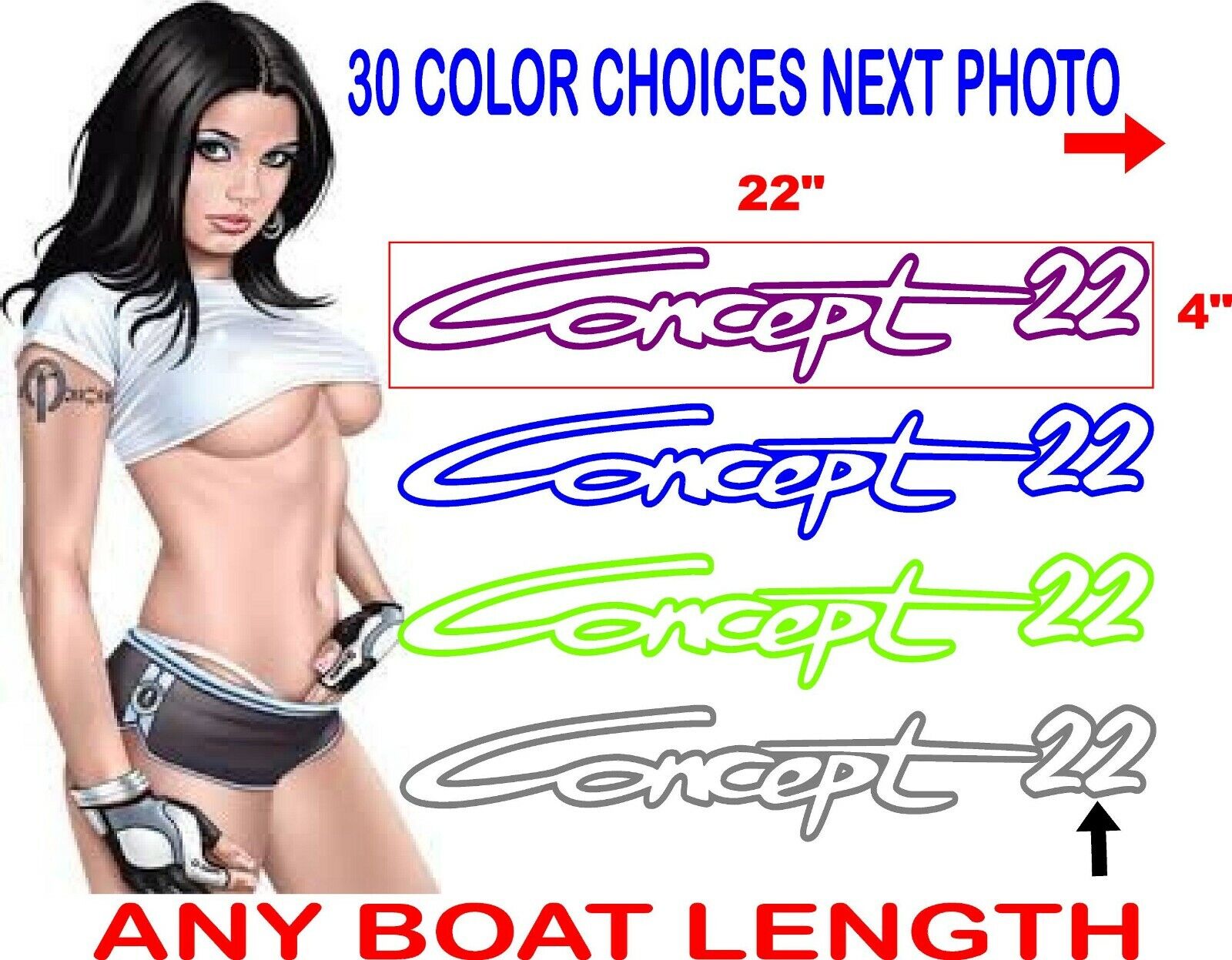 CONCEPT 22 23 24 etc. BOAT DECAL DECALS OUTLINES 30 PLUS COLORS TO CHOOSE FROM
