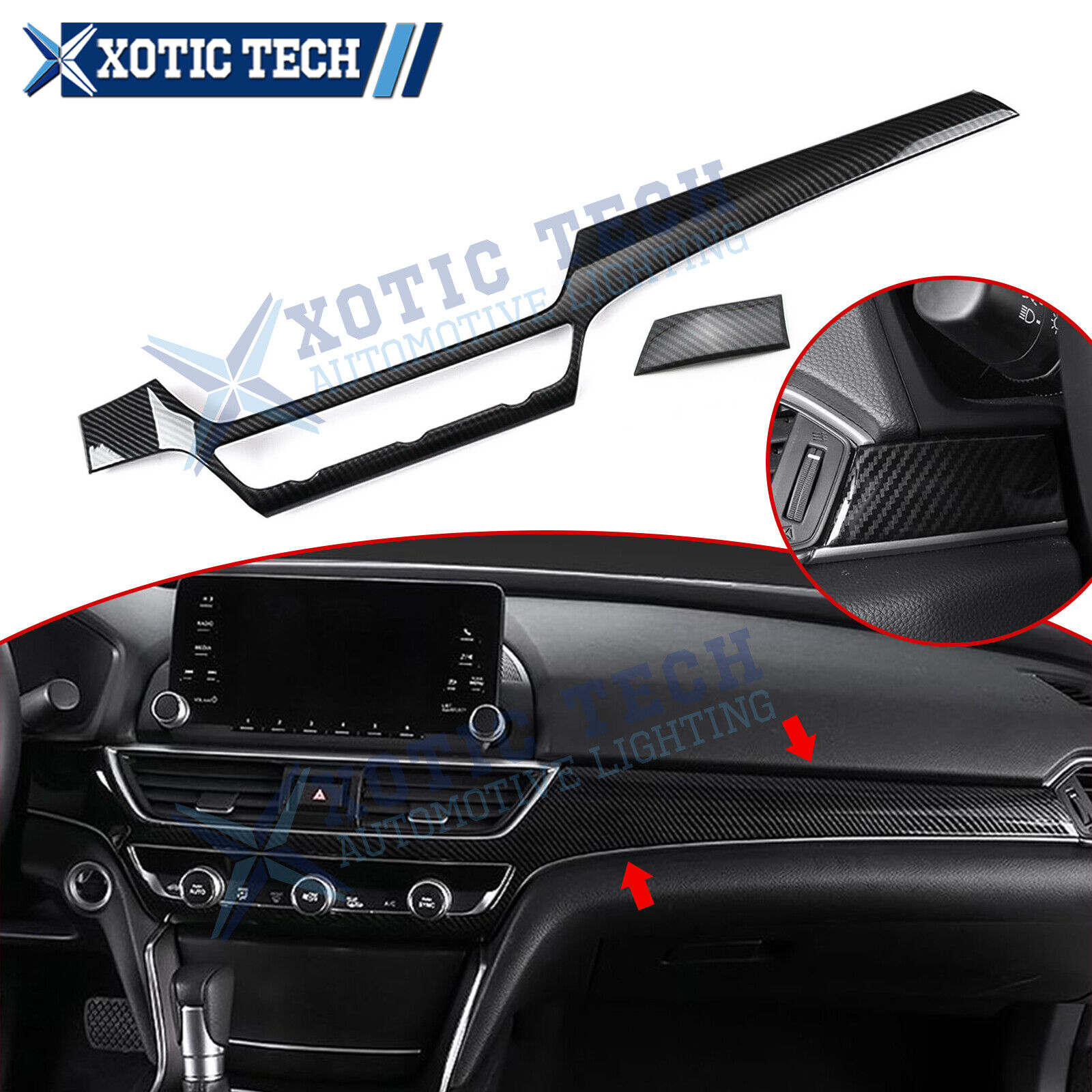 2Pcs Carbon Fiber Style Interior Dashboard Center Strip Cover For Honda Accord