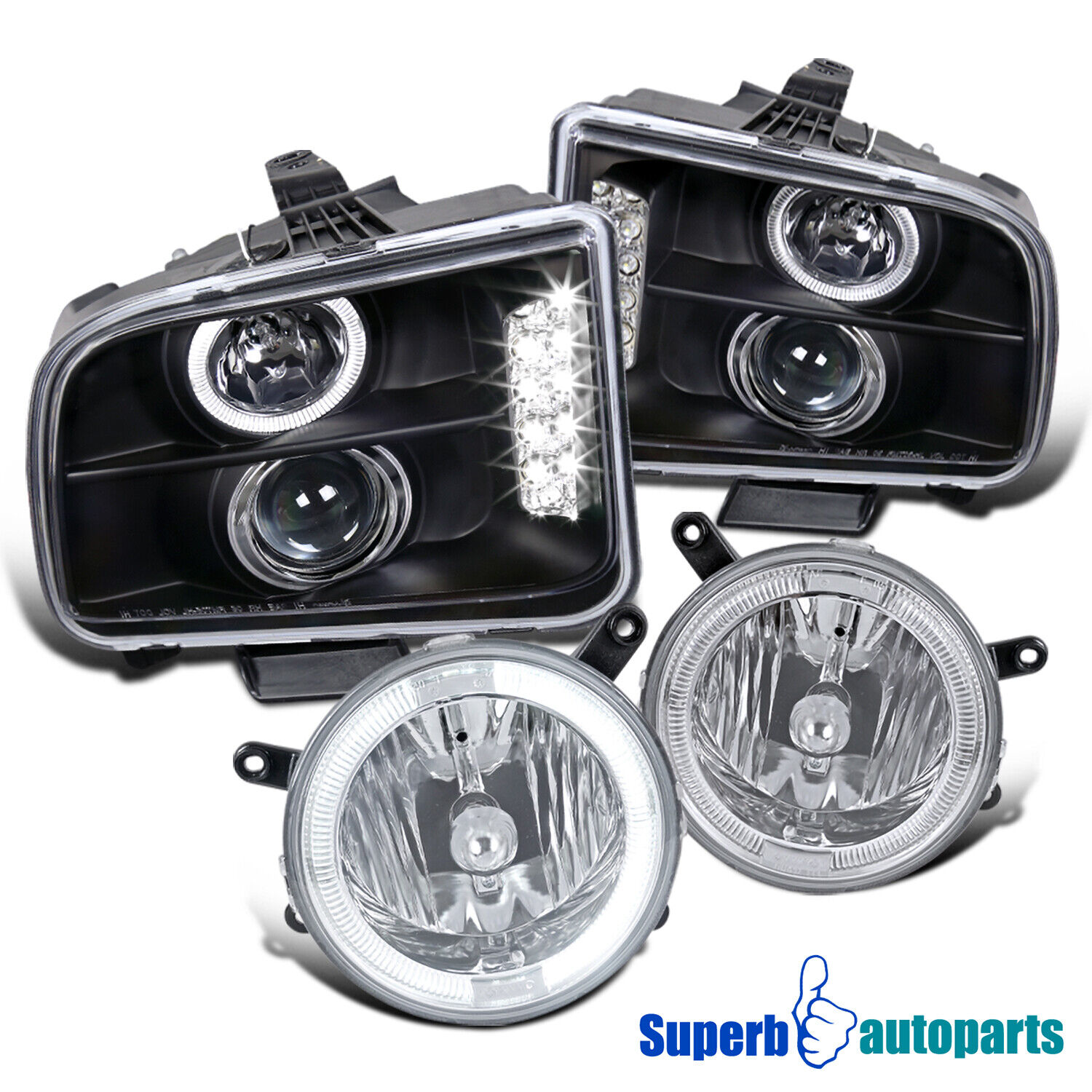 Fits 2005-2009 Ford Mustang LED Halo Projector Headlights+Fog Lamps Black