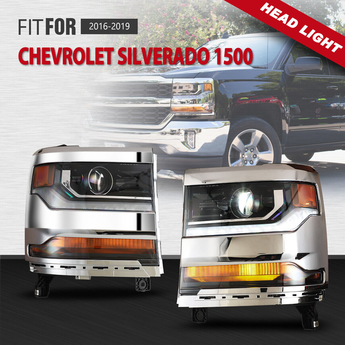 For 2016-2019 Chevy Silverado 1500 HID Xenon LED DRL Chrome Headlight Projector