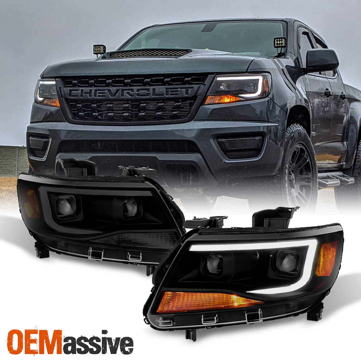 Fits [Black Smoke] 15-22 Chevy Colorado LED DRL Dual Square Projector Headlights