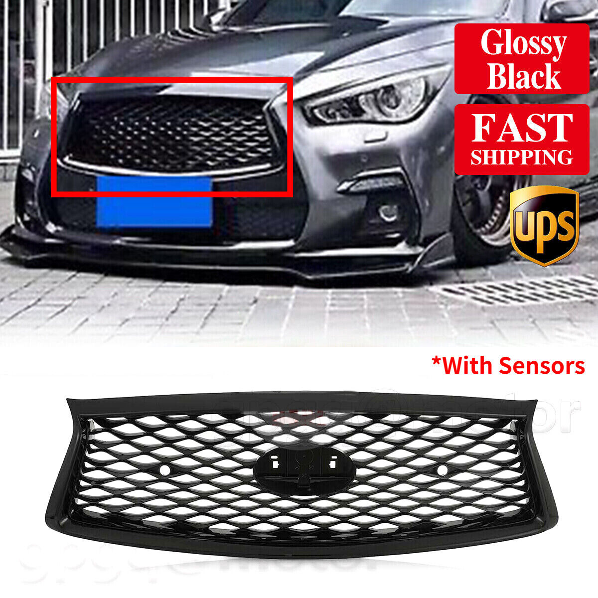 Gloss Black Front Bumper Grille For Infiniti Q50 2018-2021 2019 Replacement