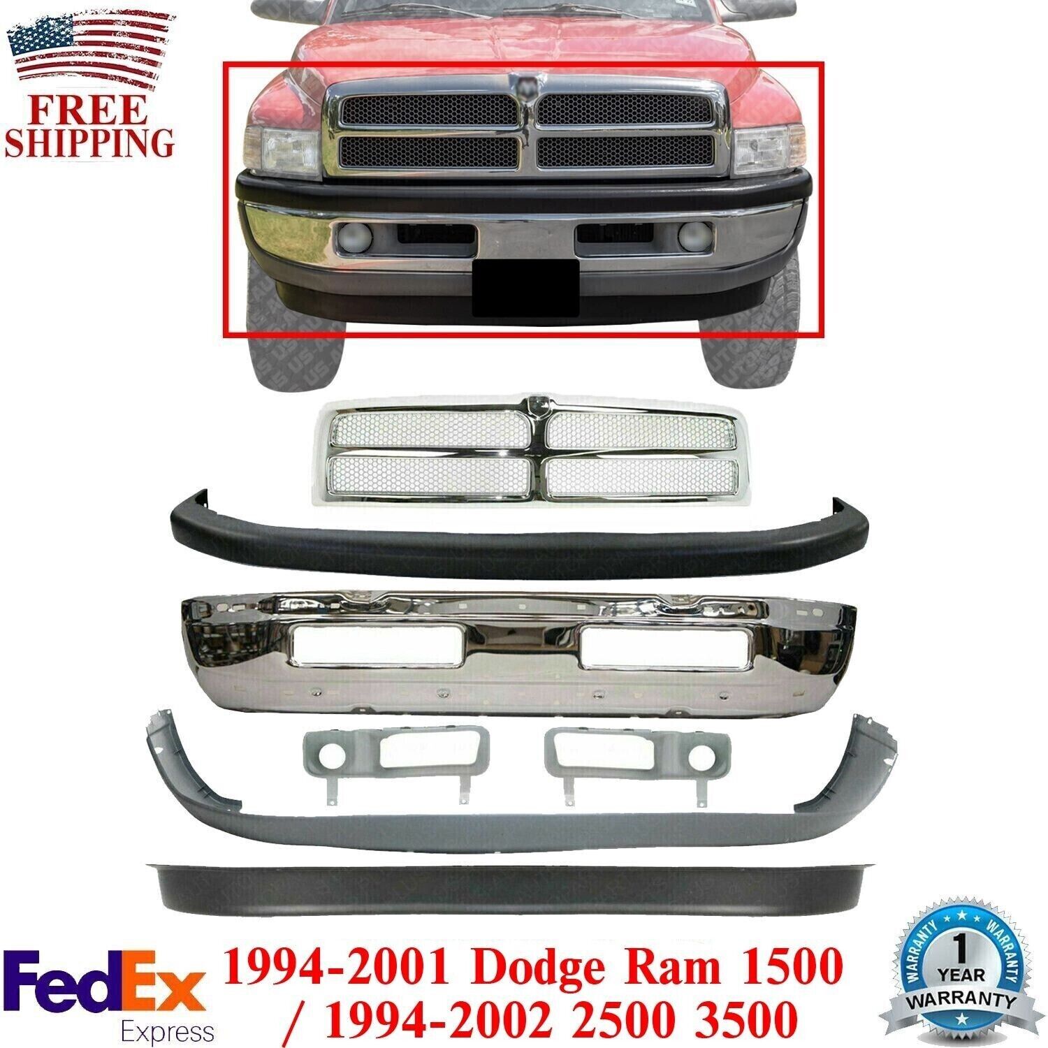 Front Bumper Chrome Kit + Grille + Fog Lamp Moldings For 1994-01 Dodge Ram 1500