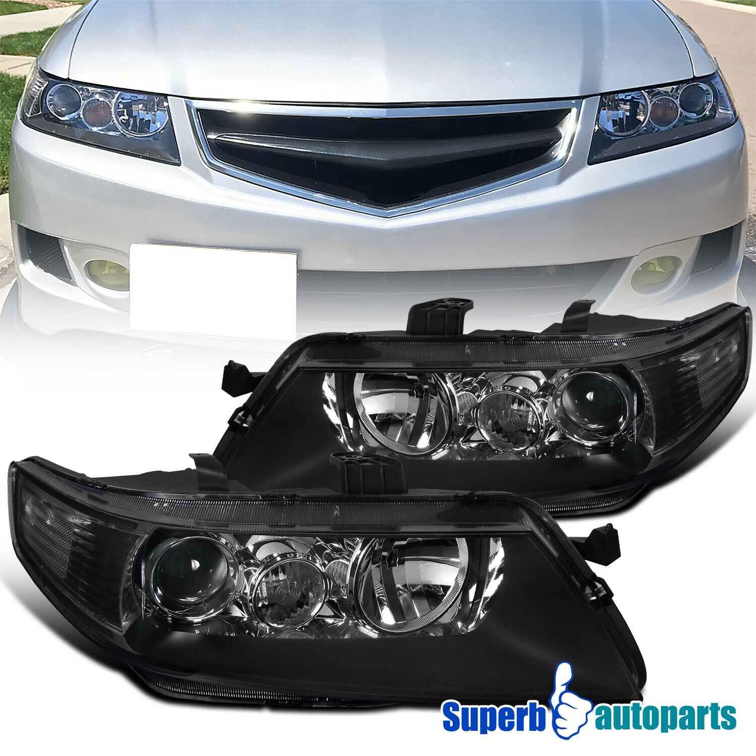 Fits 2004-2005 Acura TSX Headlights Projector Head Lamp Black 04-05 Replacement