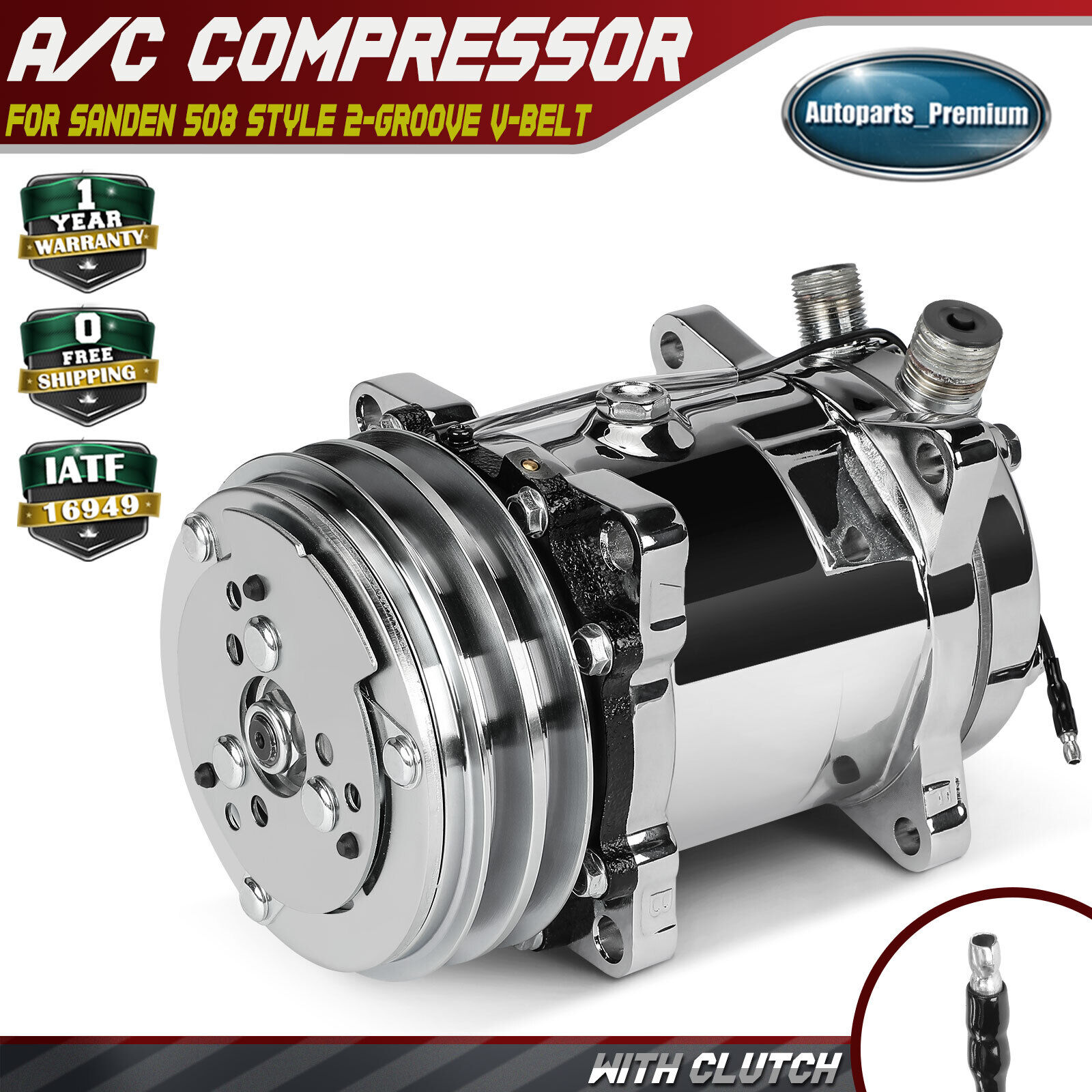 A/C Compressor w/ Clutch for Sanden 508 Style 2-Groove V-Belt Chrome Aluminum