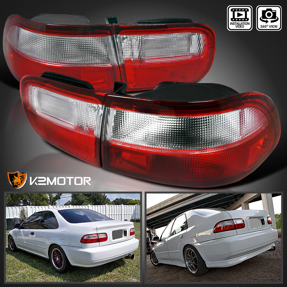 Red/Clear Fits 92-95 Honda Civic 2DR 4DR Coupe Sedan Tail Lights Brake Lamps L+R