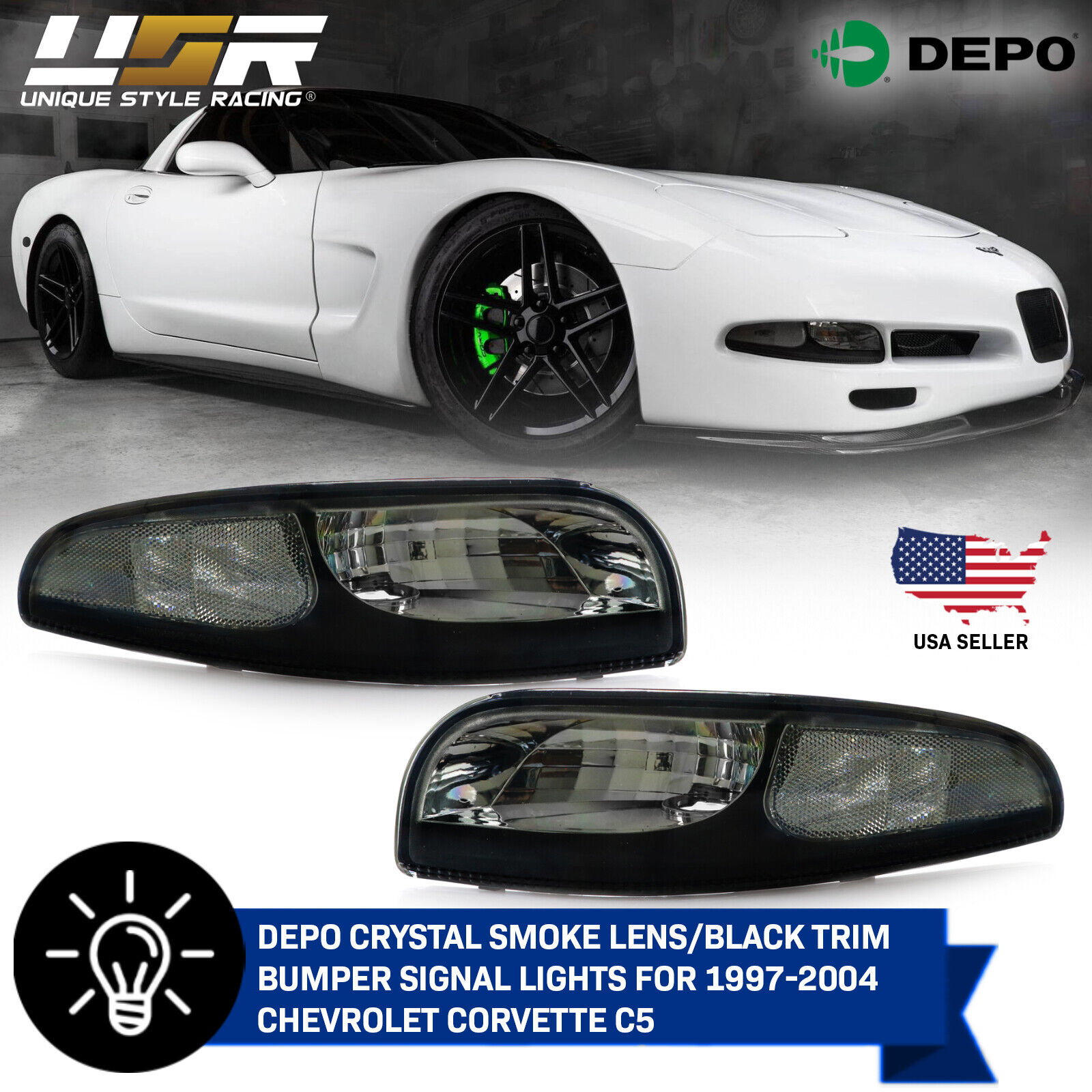 DEPO Pair of Light Smoke Bumper Lights For 1997-2004 Chevy Chevrolet Corvette C5