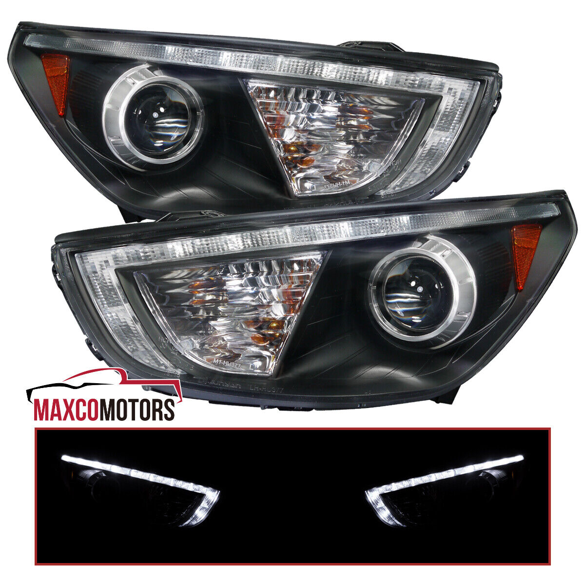 Black Projector Headlights Fits 2010-2013 Hyundai Tucson LED Strip Headlamps L+R