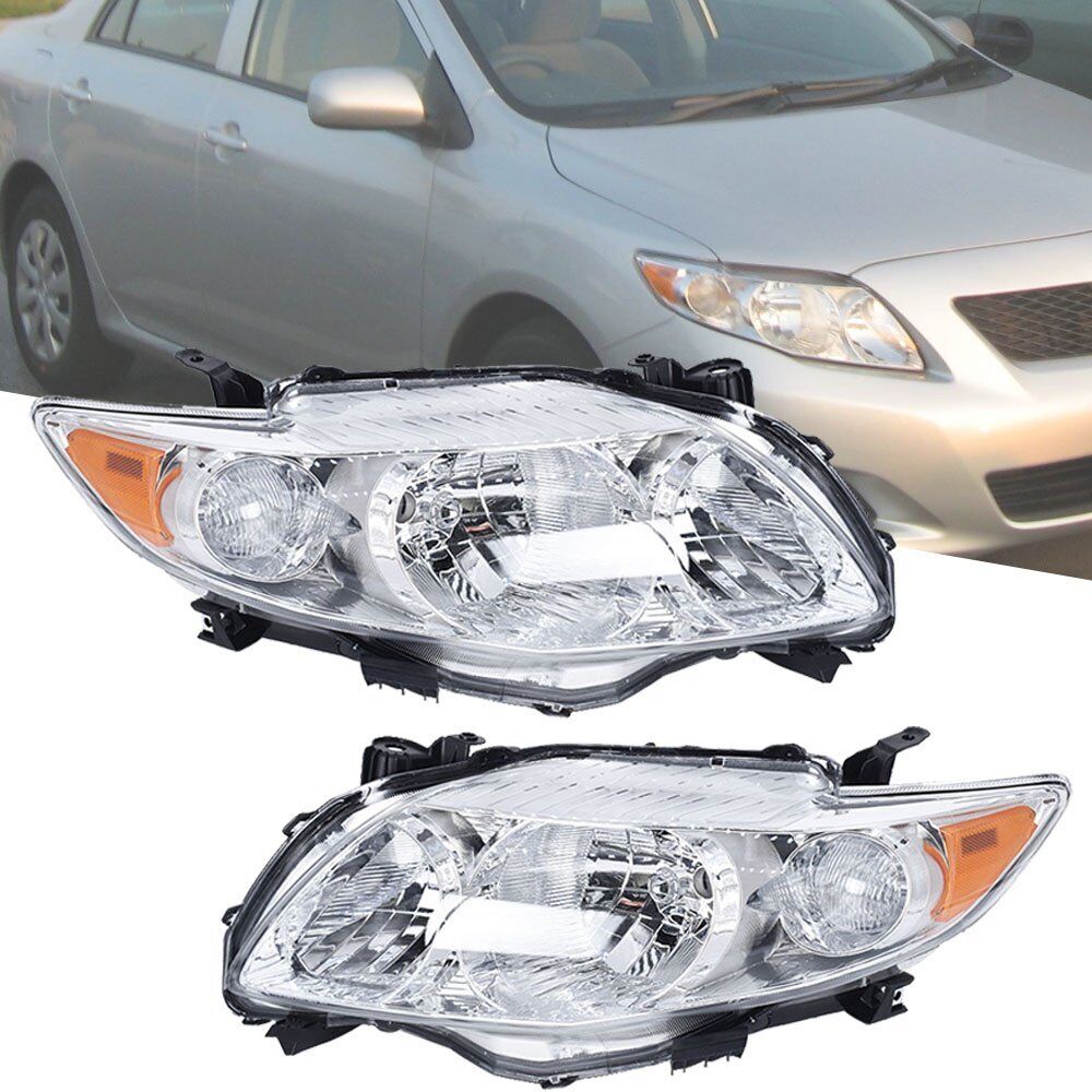 Fit For 2009-2010 Toyota Corolla Headlights Left+Right Chrome Housing Amber Pair