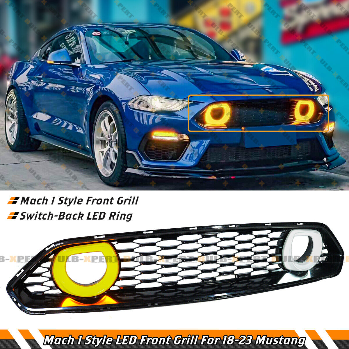For 18-23 Ford Mustang Mach 1 Style Front Grille W/ White & Amber LED Halo Rims